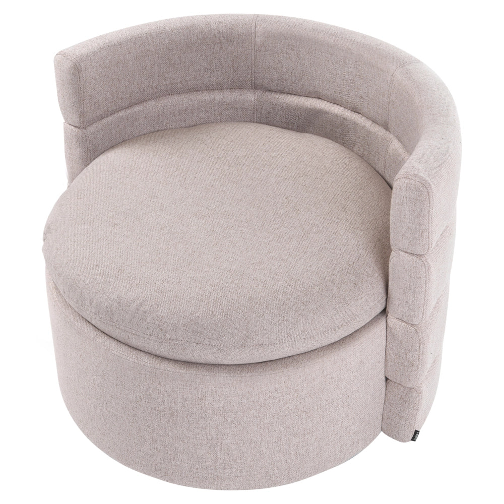 Poltrona in tessuto con schienale curvo base girevole a 360° con contenitore cuscini decorativi beige stile retrò angolo lettura