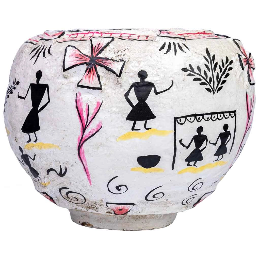 Vaso in cartapesta bianco dipinto a mano 27x27x27h cm