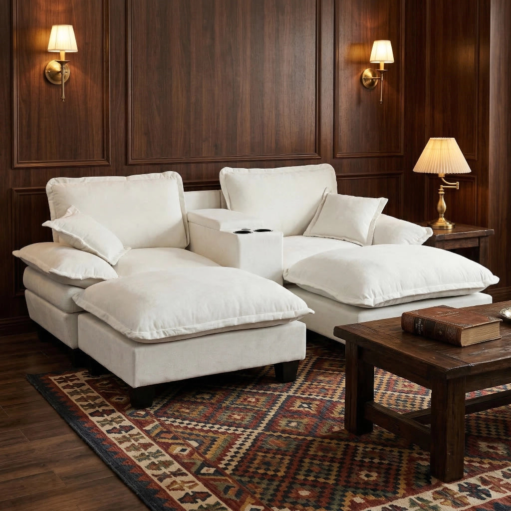 Divano modulare con USB; contenitore e portabicchieri - in chenille - beige - 224×155×90 cm