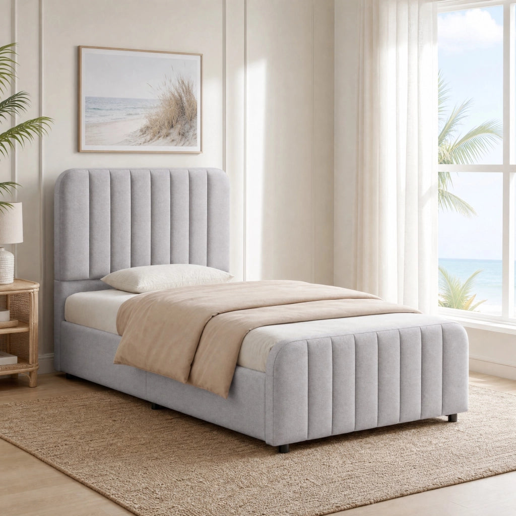 Letto imbottito singolo 90x200 cm con rete a doghe, contenitore idraulico, testiera e struttura in lino grigio
