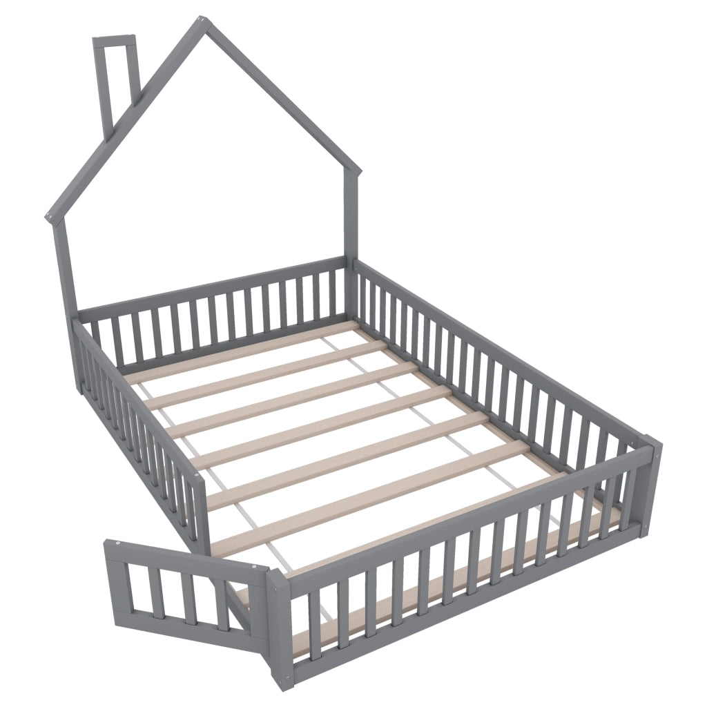 Letto per Bambini 140×200 cm; Letto Singolo con Sponde di Sicurezza e Design a Camino; senza Materasso; Grigio