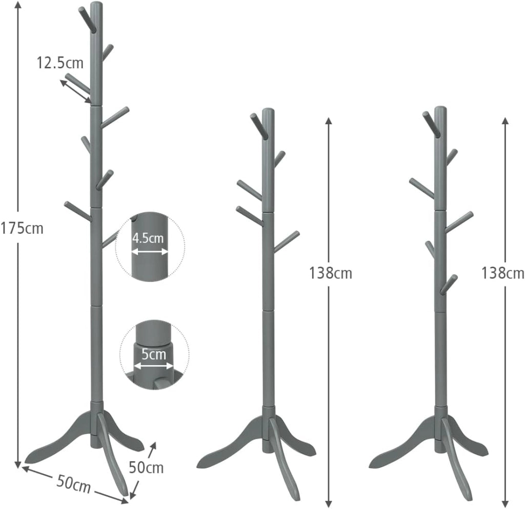 Appendiabiti da Terra con 8 Ganci In Legno di Gomma, Appendiabiti da Ingresso Stabile con Base a 3 Gambe, 177x49x49 cm per Corridoio, Camera da Letto, 3 Colori