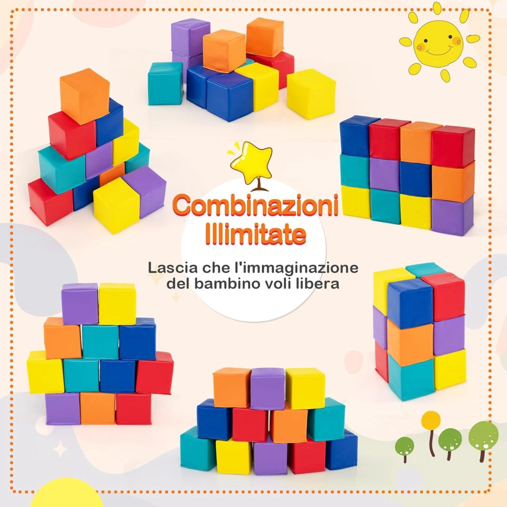Set di 12 Blocchi da Costruzione in Schiuma EPE, Cubi Colorati 14 x 14 cm con Copertura in Finta Pelle Impermeabile, Blocchi Morbidi per Bambini per Impilare e Arrampicarsi (Rosso e Giallo)