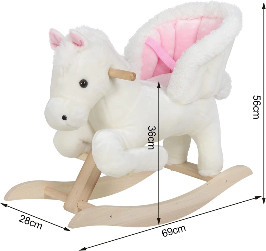 Cavallo a Dondolo in Legno Cavalluccio per Bambini Peluche Giocattolo Cavalcabile con Suoni e Cintura di Sicurezza Regalo Bimbi 1/2/3 Anni, Bianco e Rosa