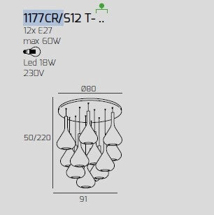 SOSPENSIONE CROMO 12 LUCI TONDA VETRI BLU 1177CR-S12 T-BL
