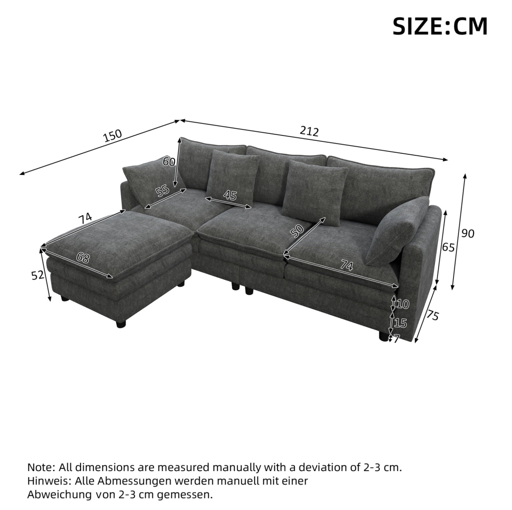 Divano angolare 212x150 cm grigio in ciniglia, chaise longue mobile