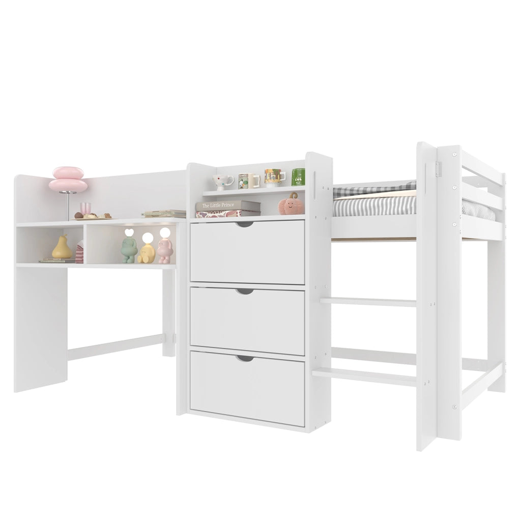 OKWISH Letto a Soppalco 90×200 cm, Letto Singolo con Contenitori, 3 Scomparti Chiusi e Mensole, senza Materasso, in Pino, Bianco