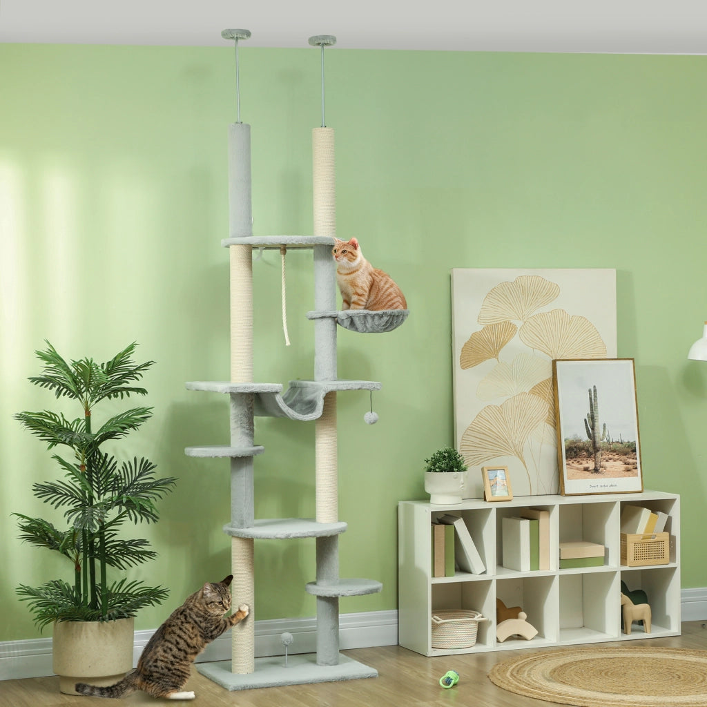 Tiragraffi per Gatti da Pavimento a Soffitto ¨C Xylo ¨C 225-255 cm Grigio con Amache Piattaforme