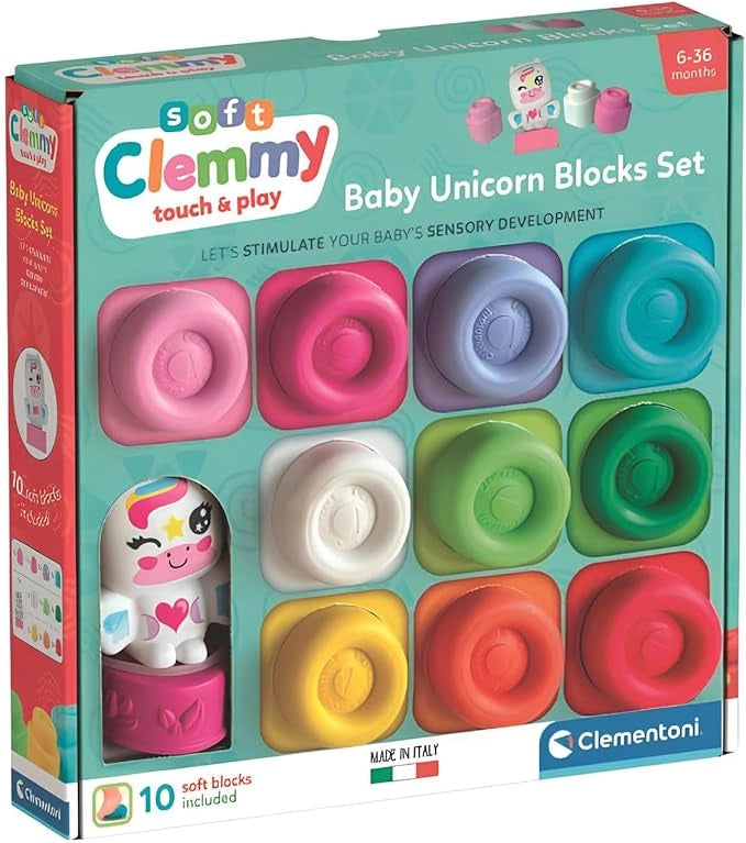 Soft Clemmy - Baby Unicorn Blocks Set, 10 Mattoncini Morbidi, Personaggio Fantasy, Lavabili e Atossici, Sviluppo Sensori