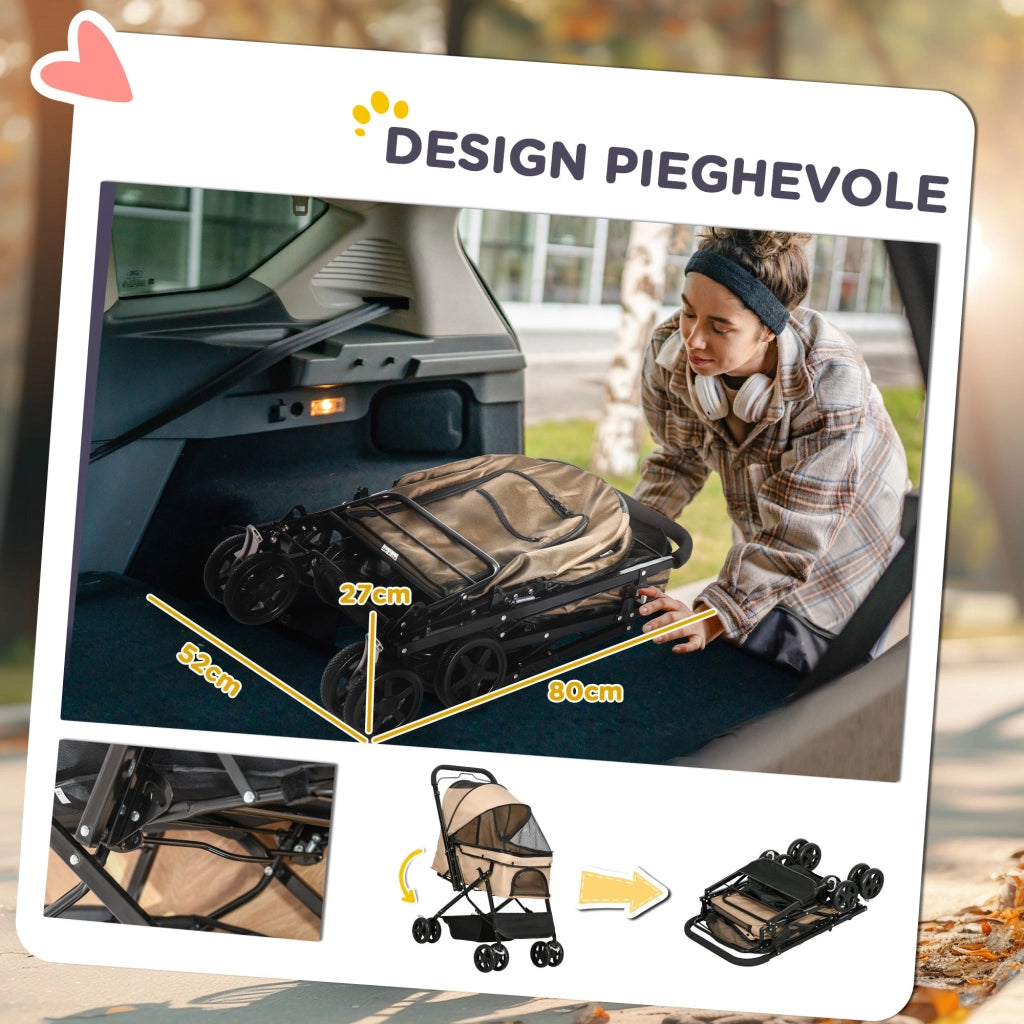 Passeggino per Cani Piccoli Pieghevole Maniglione Reversibile 76,5x52x95cm Marrone Chiaro