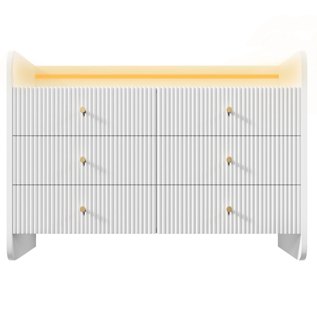 Credenza moderna con LED; 6 cassetti e vano aperto 120x40x75 cm; bianca