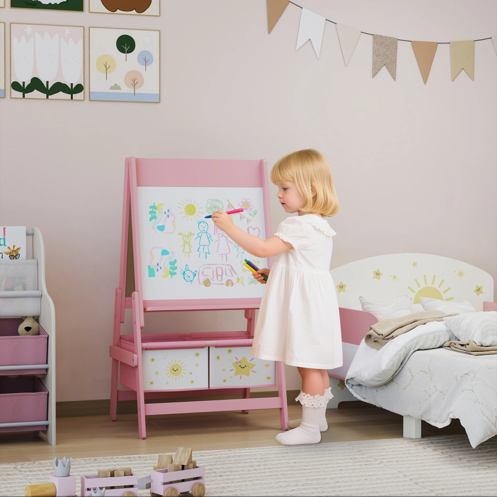 Lavagna per Bambini con Cavalletto e Rotolo di Carta ¨C zephmum ¨C Legno, Rosa, 54x46x94 cm