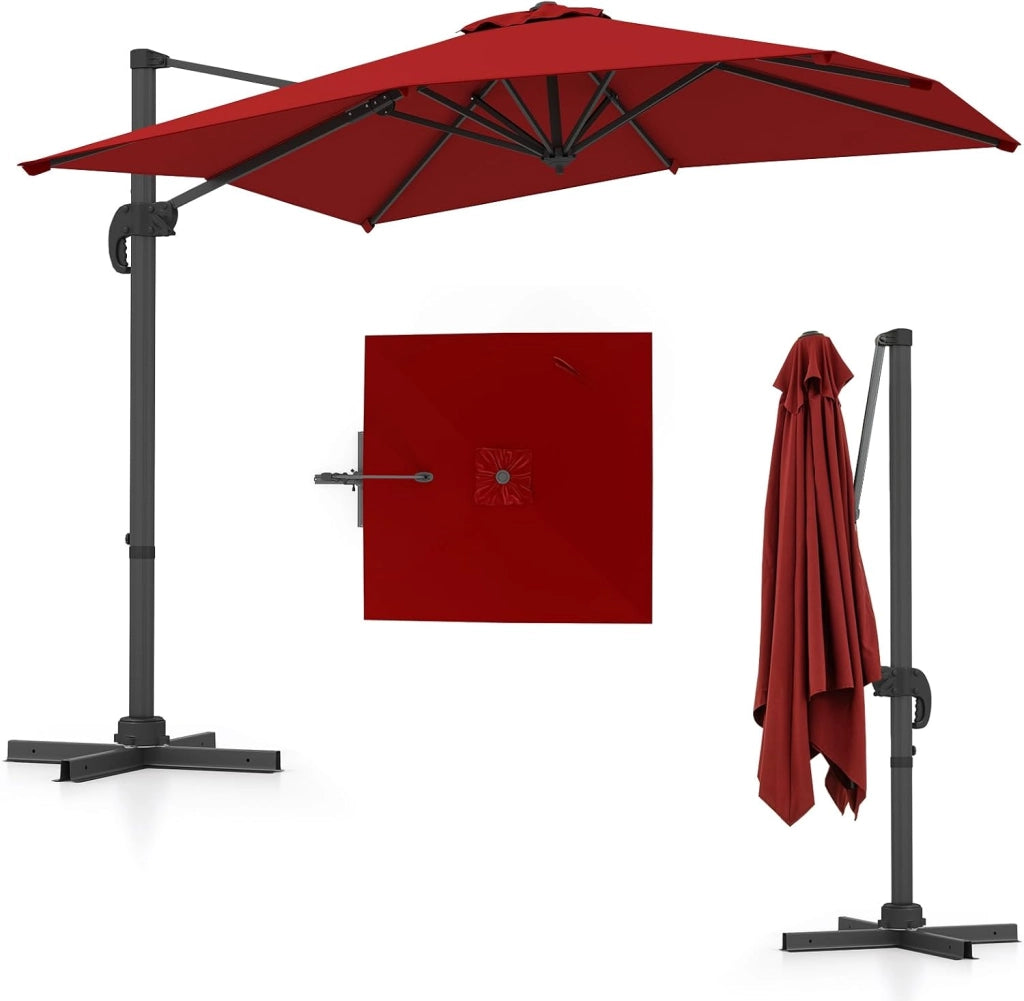 Ombrellone da Giardino 245 cm con Base, Ombrellone da Esterno Rotante a 360°, 5 Posizioni di Inclinazione Regolabili, 8 Stecche, Manovella, Palo in Alluminio, per Giardino Patio (Rosso)