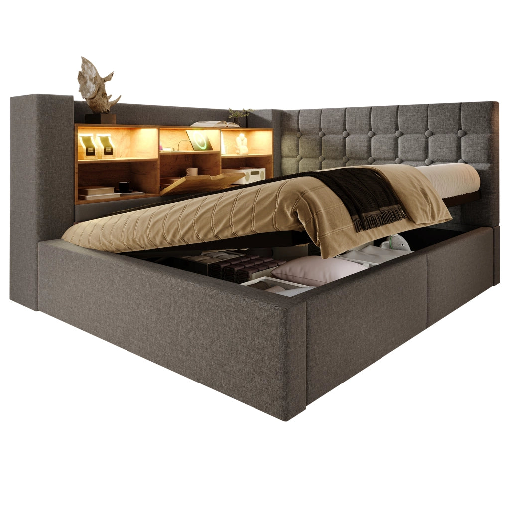 Letto matrimoniale 140x200 cm in lino con LED, porta USB, contenitore idraulico e testiera L reversibile, grigio