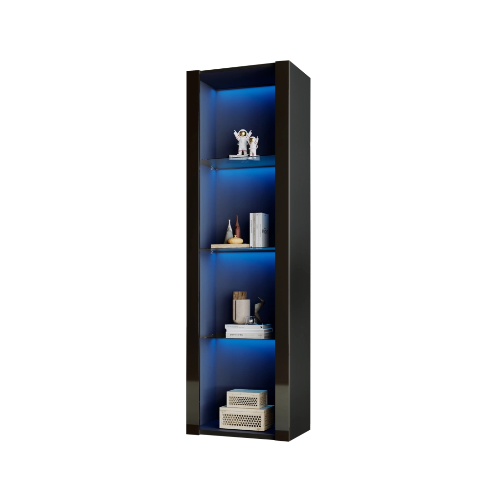 Vetrina alta con LED e 3 ripiani in vetro; 55x38x166 cm; nero lucido