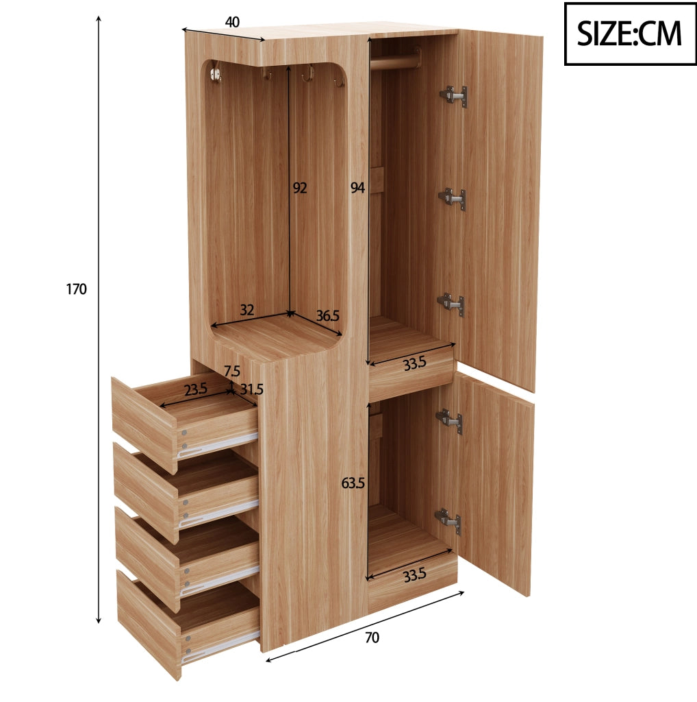 Armadio con anta singola e cassetti 70 x 40 x 170 cm in legno colore naturale