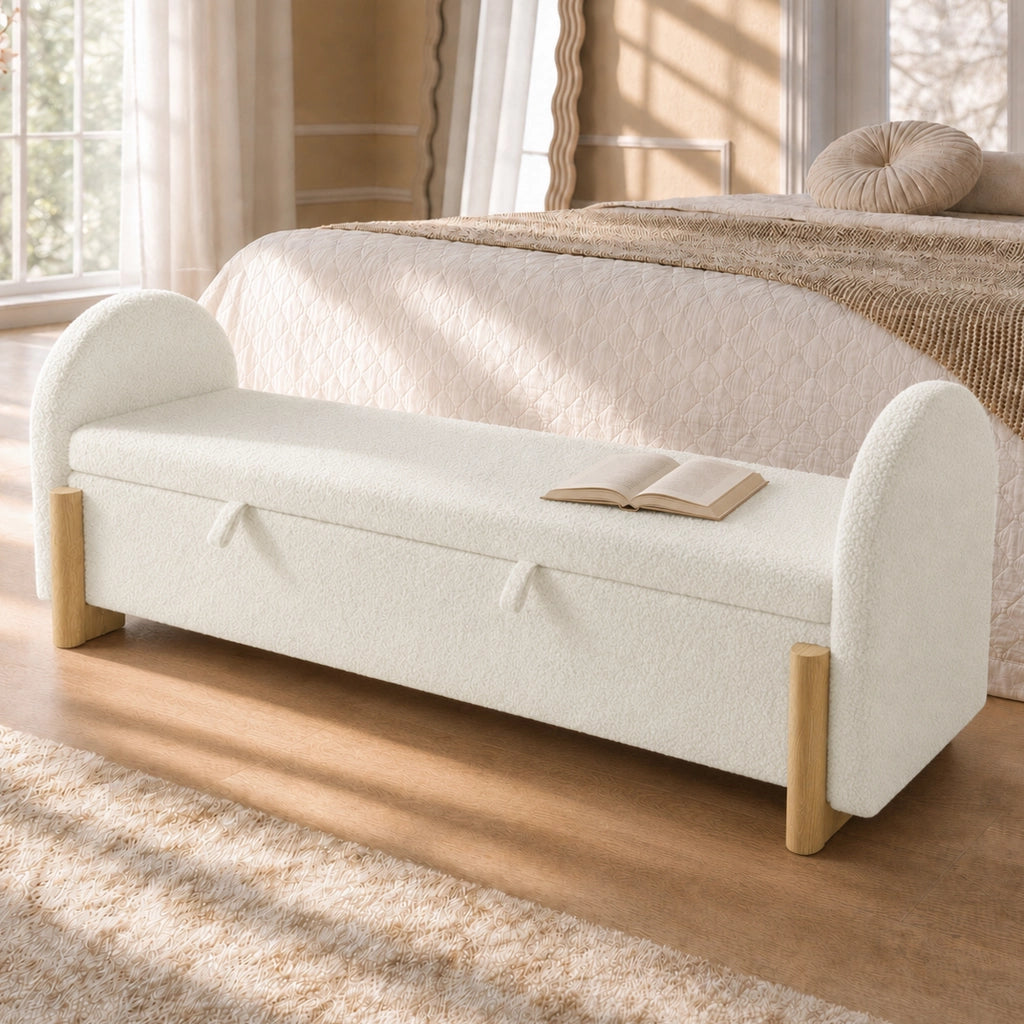 Panca contenitore 186 × 47 × 61 cm con vano idraulico e soft-close, senza materasso, in chenille bouclé, bianco