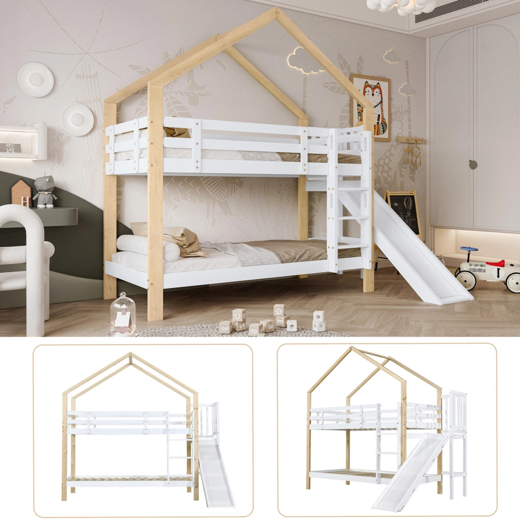 Letto a castello per bambini a casetta con scivolo 90x200 cm