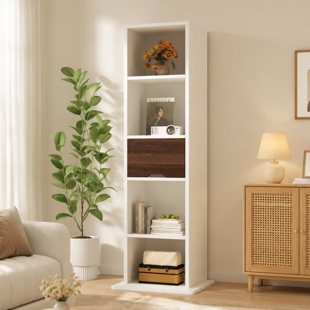 Armadietto a specchio con 4 vani aperti e 1 cassetto, per ingresso e camera da letto, in MDF, bianco, 45 × 45 × 168 cm