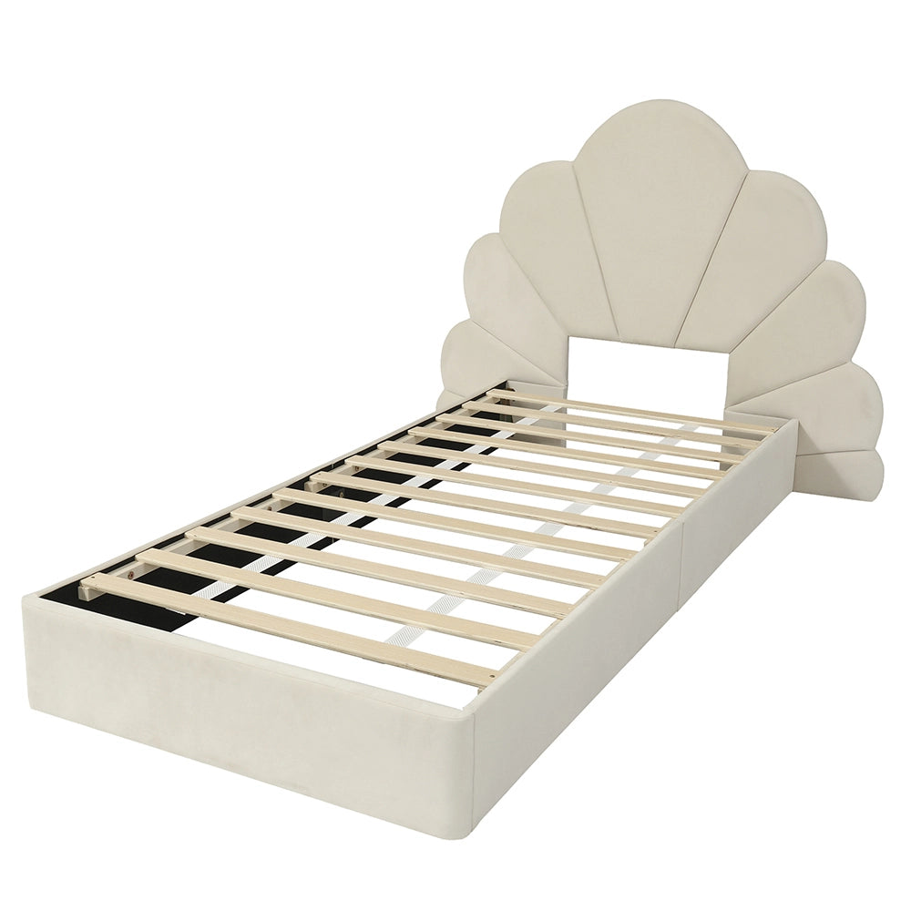 Letto matrimoniale-Xylo-140x200 cm-imbottito, testiera petali, velluto, beige