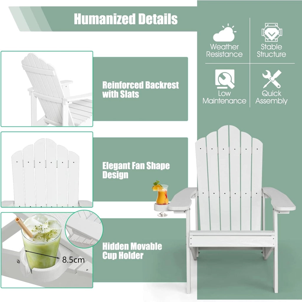 Adirondack - Sedia da giardino con supporto per tazze, per giardino, prato, patio, 77 x 86 x 94 cm, colore: bianco