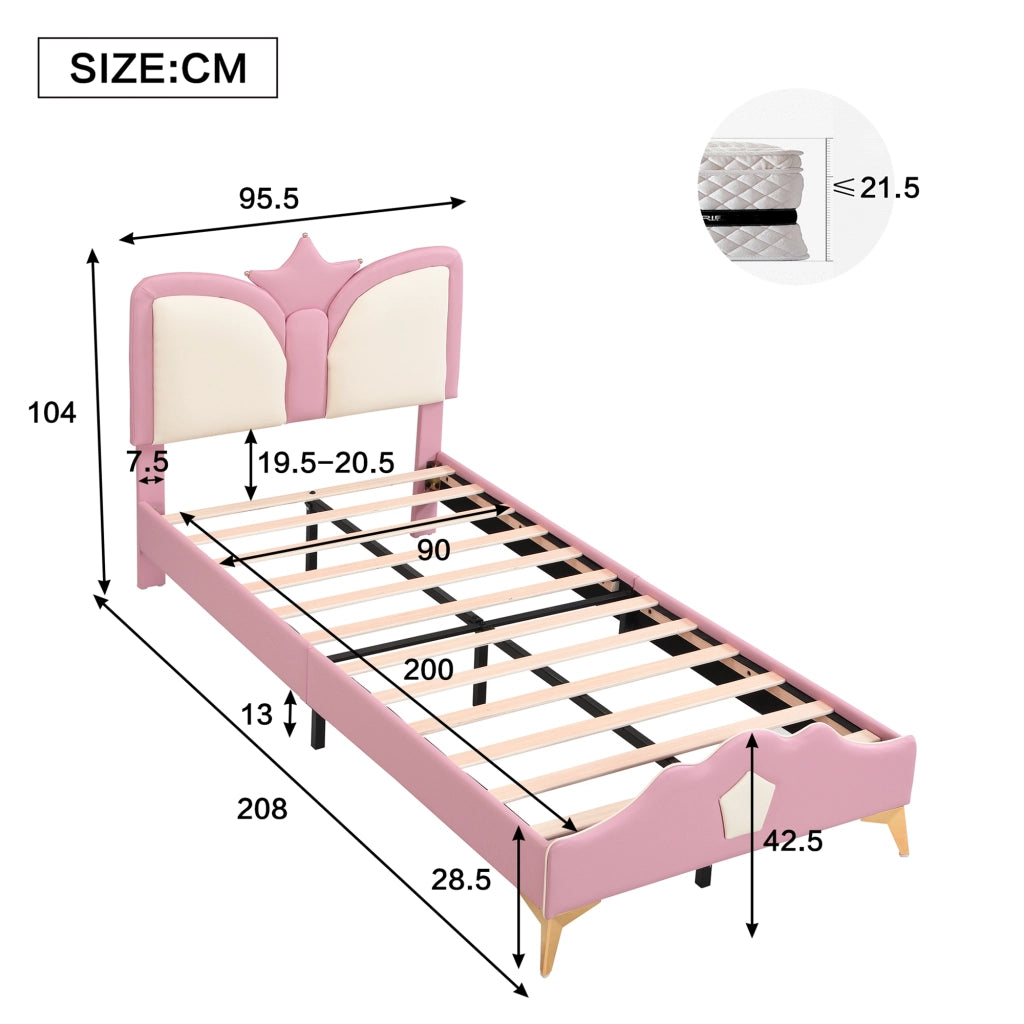 LETTO Bambini 90x200 cm Rosa e Bianco in PU con testiera a corona