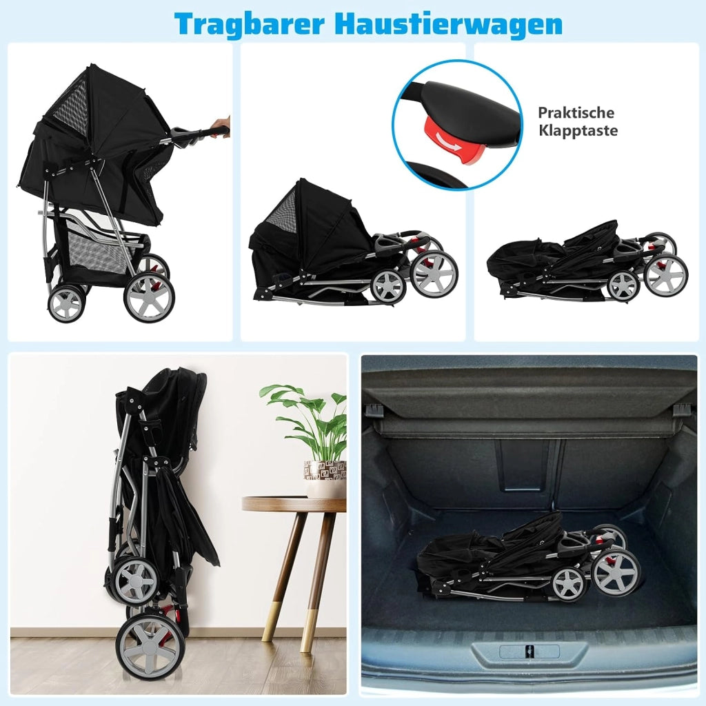 Passeggino per Cani e Gatti Pieghevole Fino 15 kg, Carrello per Animali Domestici, Trasportino Carrozzina Portatile da Viaggio e Passeggio con Tettuccio per Cuccioli, 87 x 46 x 102 cm (Nero)