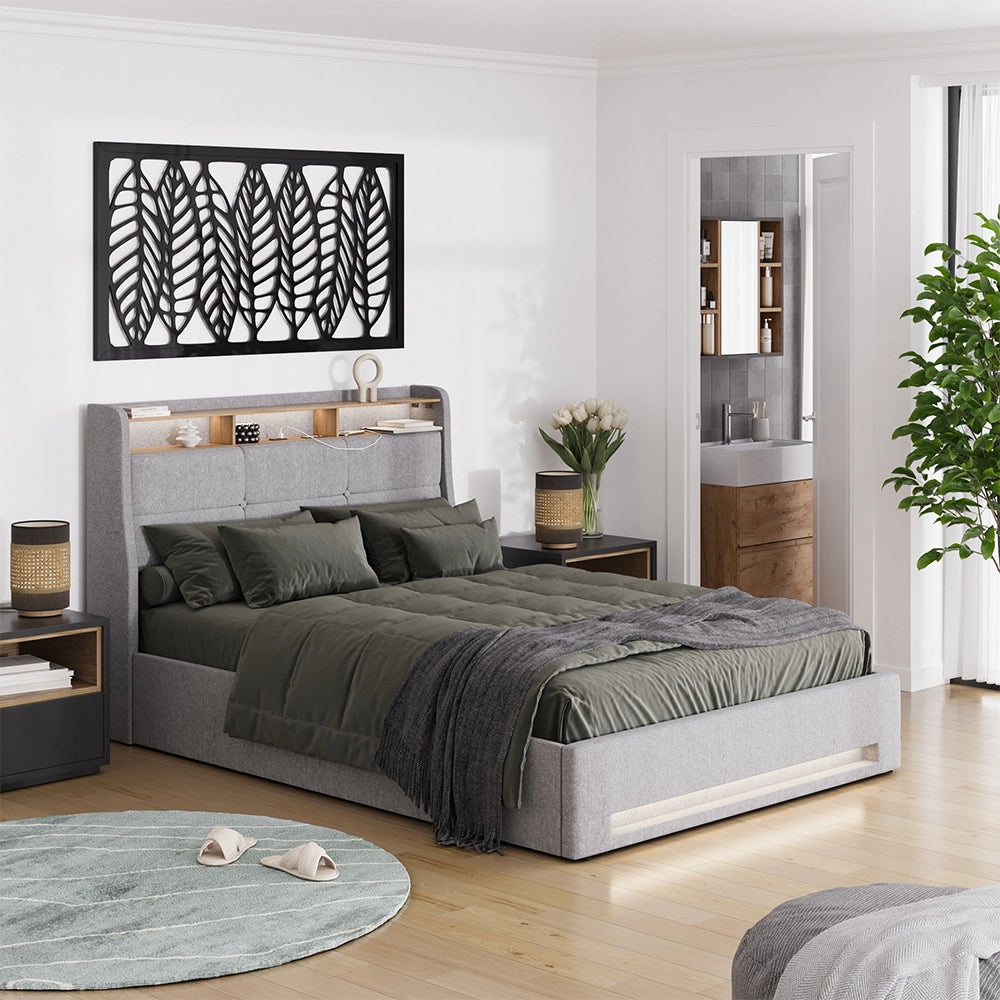 Vitalispa Letto imbottito Grigio/quercia con LED e connessione USB
