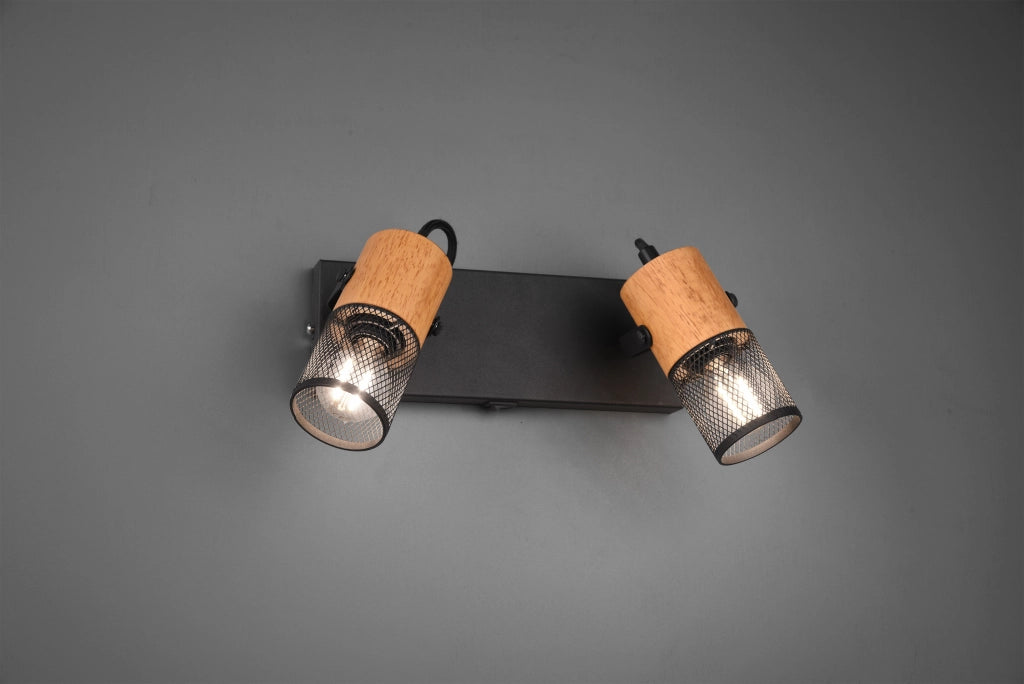 Faretto Led E27 Barra 2 Spots Cilindri Gabbia Metallo Nero e Legno Tosh GD Trio