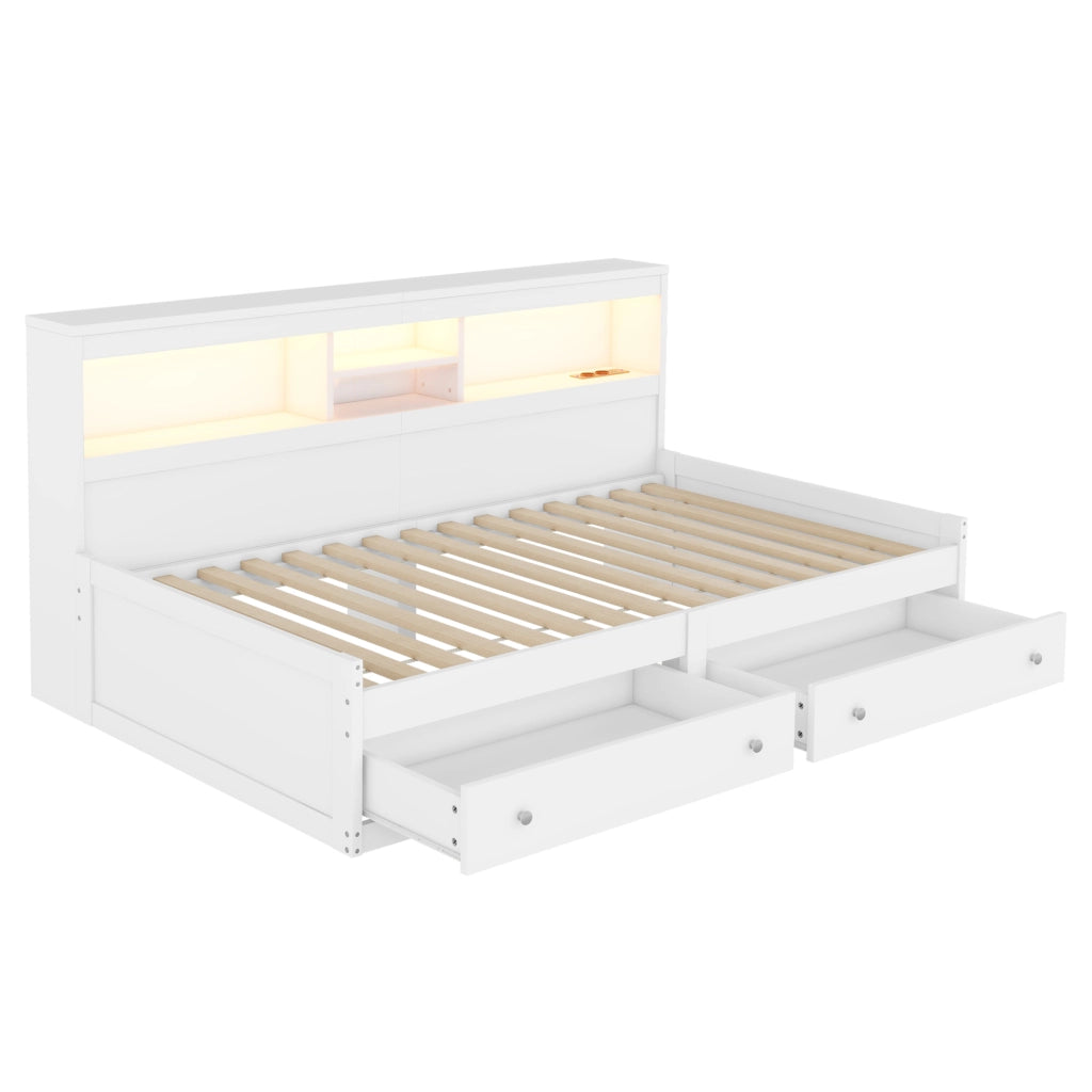 Daybed con 2 USB, LED, 2 cassetti e doghe, 90x200 cm, bianco