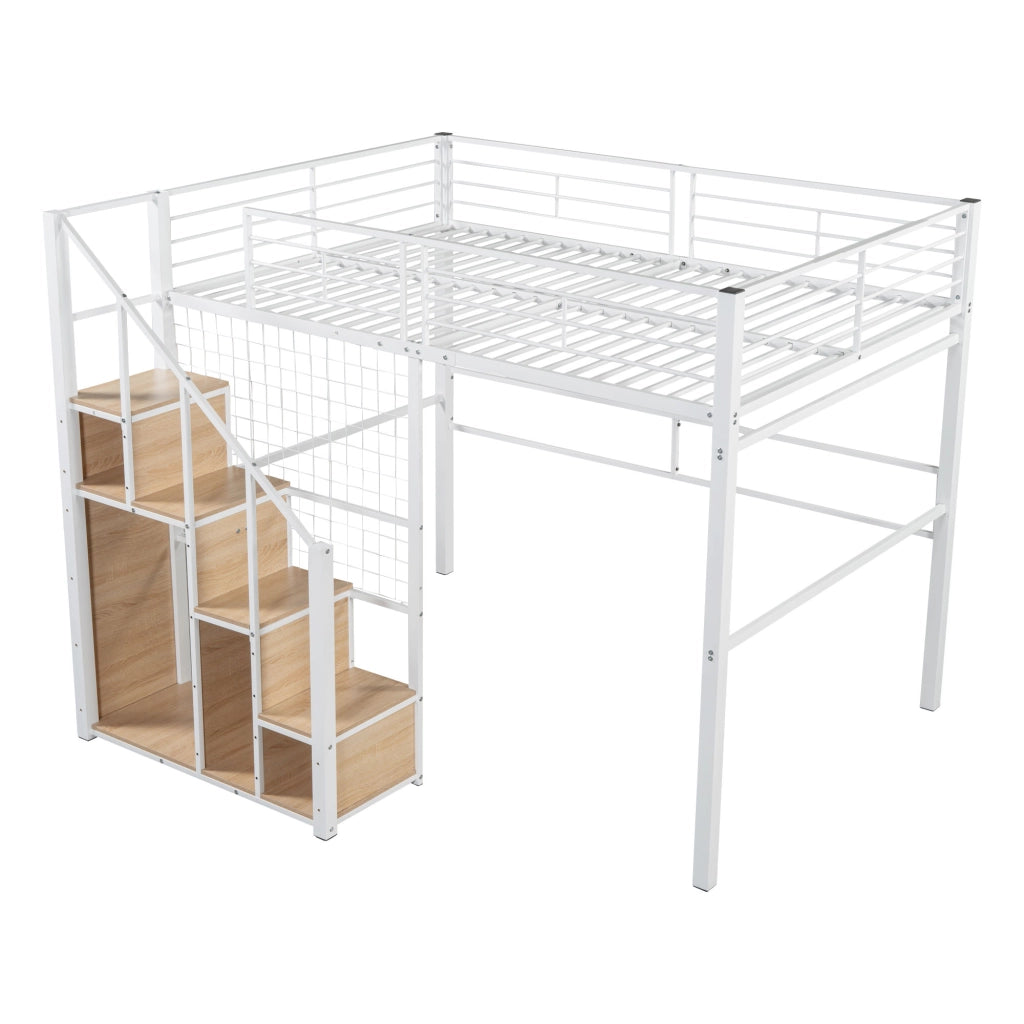 OKWISH Letto a Soppalco 140×200 cm, Letto Matrimoniale con Scala, Contenitore, Armadio e Sponda, senza Materasso, in Metallo, Bianco