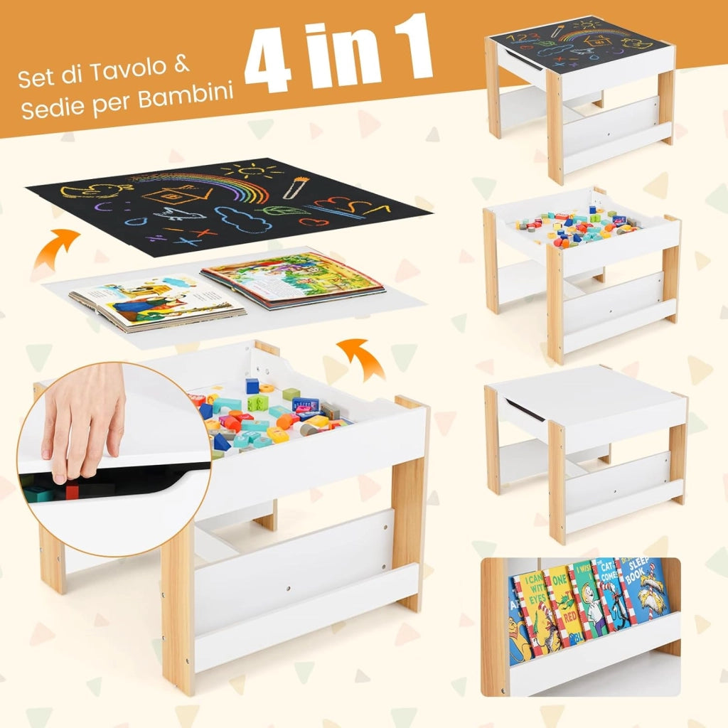 Set Tavolino Bambini con 2 Sedie per 3+ Anni, Tavolo e Sedie 4 in 1 con Lavagna Rimovibile, Librerie e Scatola in Tessuto, Mobile Salvaspazio per Scuola e Cameretta (Naturale, Stile 1)