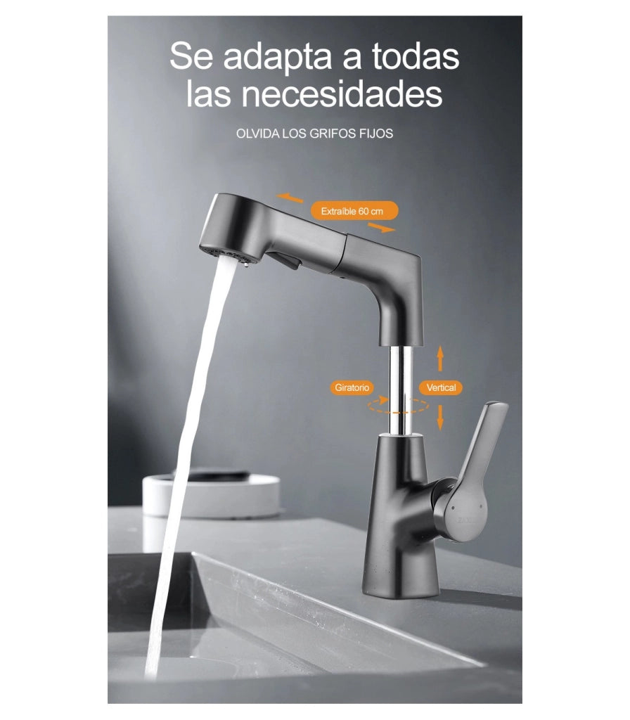 Rubinetto Lavandino Multifunzione LH-226 | Corpo Rame Massiccio | Estrabile con Elevatore | Monocomando | 2 Modos de Acqua