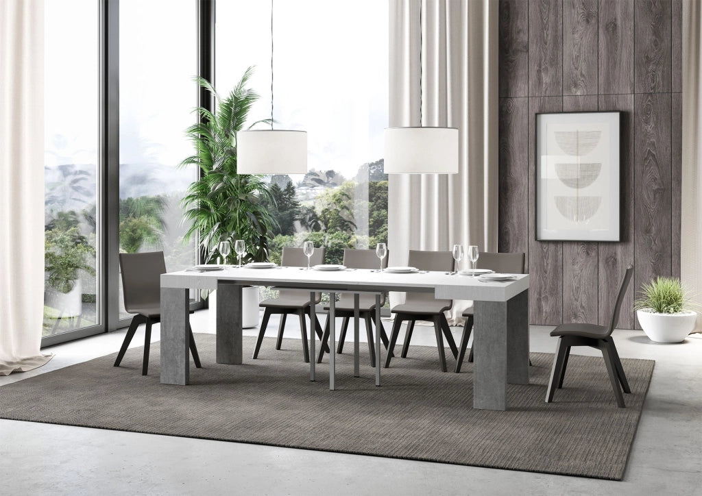 Tavolo Allungabile 90/246x90x77 cm Roxell Mix piano Bianco Frassino - gambe Cemento