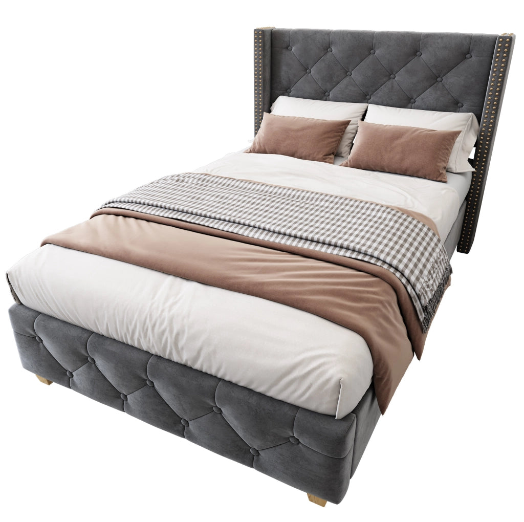 Letto imbottito 90x200 cm; testiera capitonn茅 e dettagli borchiati; velluto grigio (Senza materasso)