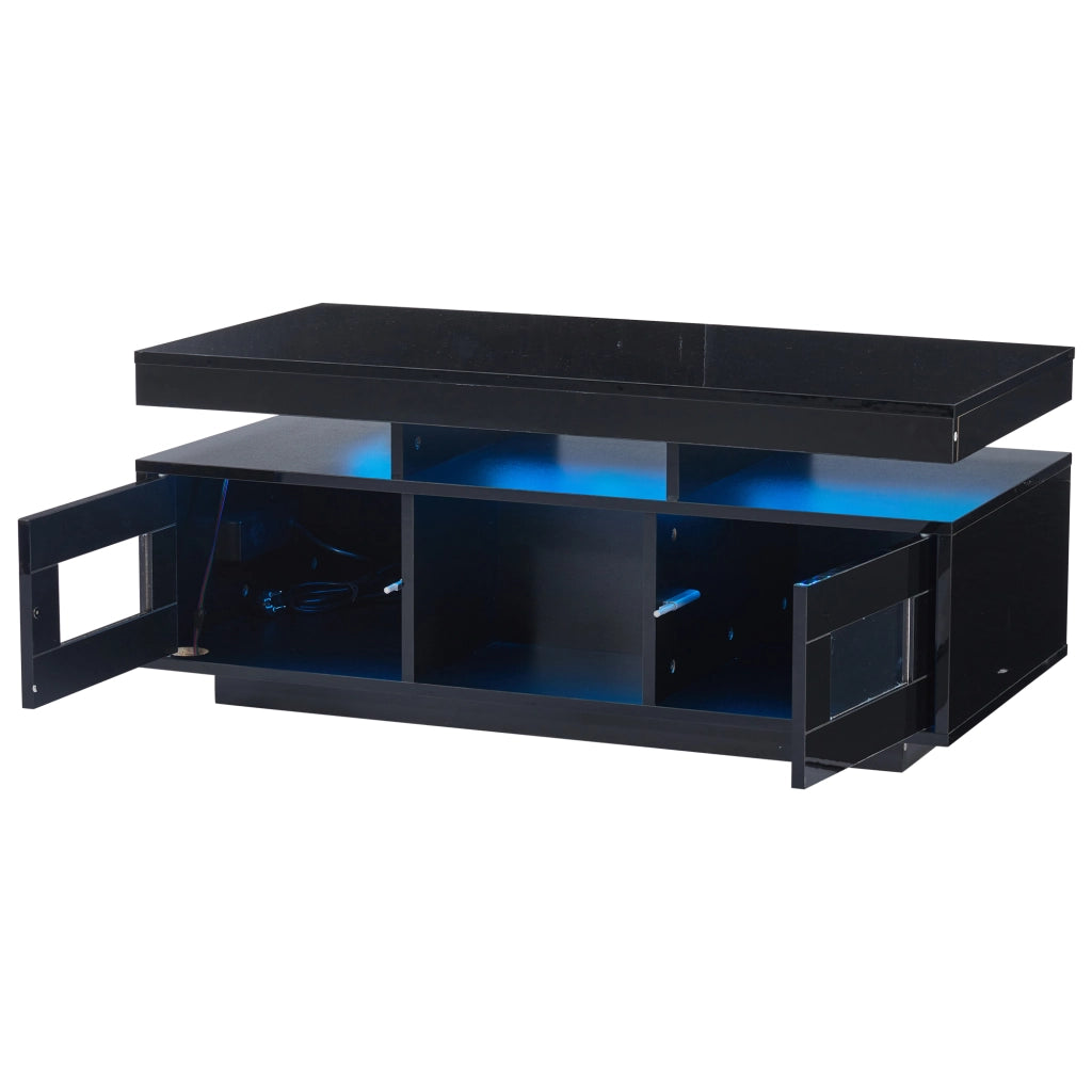 Tavolino da Caffè con 2 Ante e 2 Vani Semiaperti e LED; Presa + USB; Nero Lucido; in Pannello truciolare; 100×50×43 cm