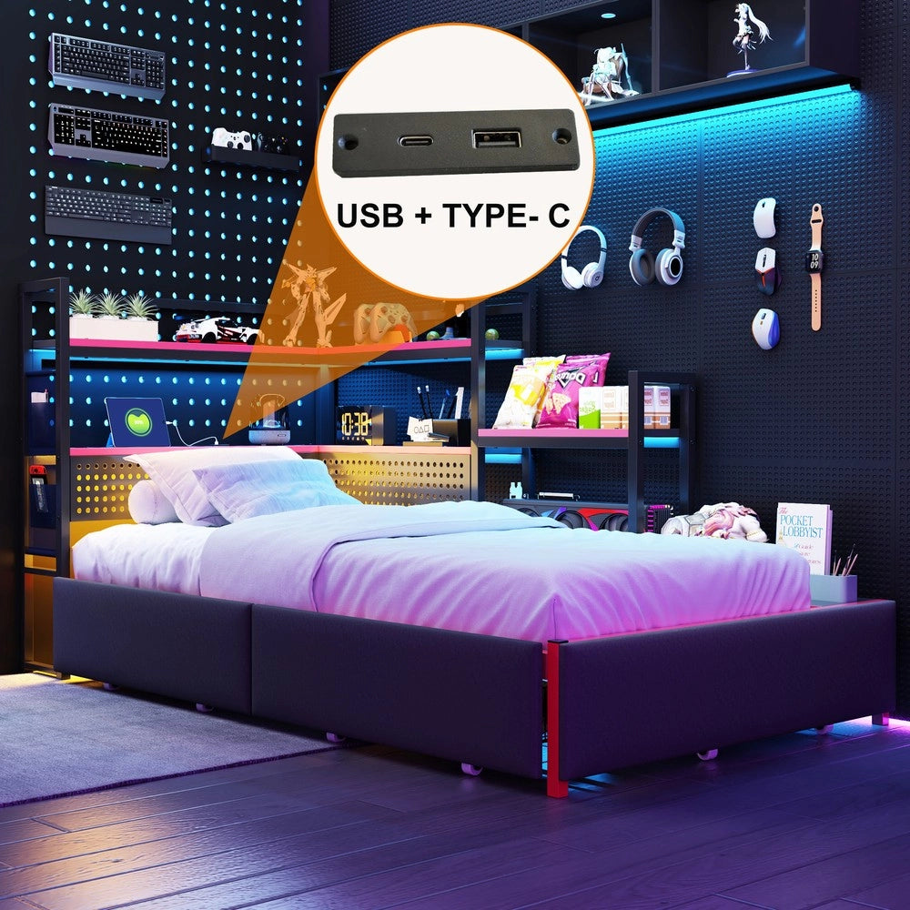 Letto Gaming con Cassetti, LED e Scaffali ¨C Xylo ¨C Metallo, Nero