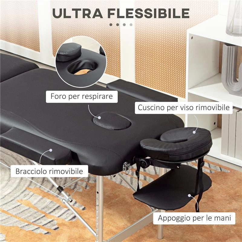 LETTINO DA MASSAGGIO PIEGHEVOLE AD ALTEZZA REGOLABILE, IN ALLUMINIO E PLASTICA, 215X60X61-84 CM, NERO