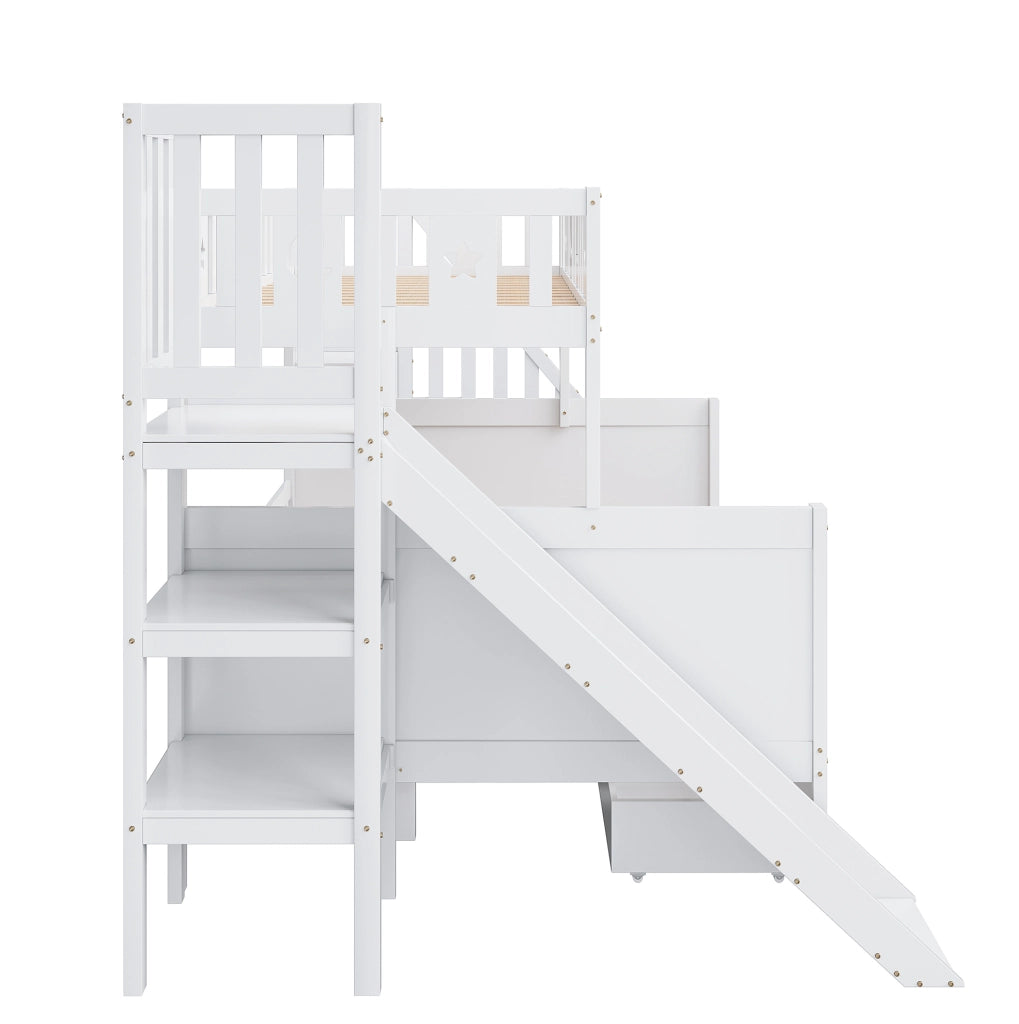 Letto a castello per bambini con scivolo, scala contenitore e 2 cassetti