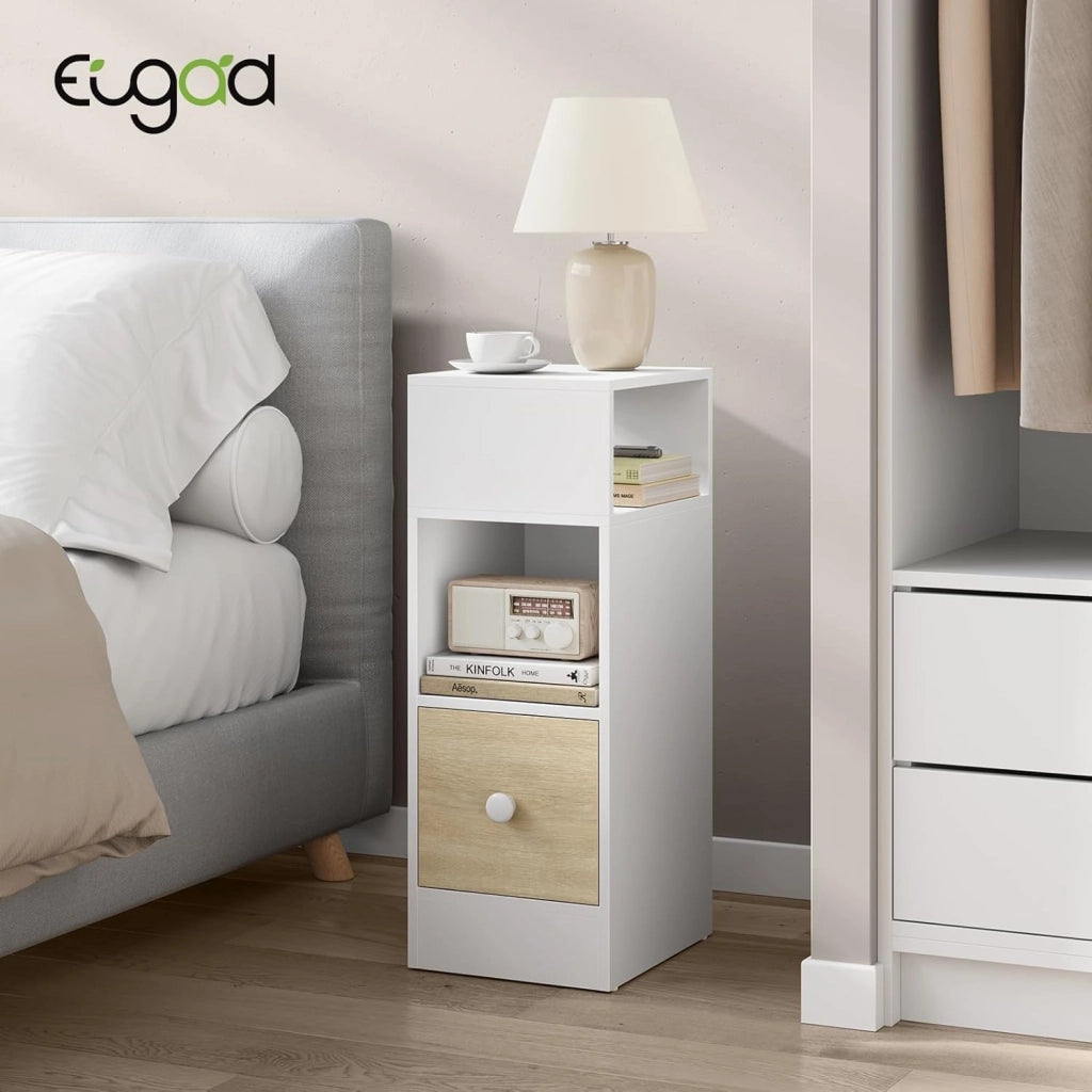 Set di 2 Comodino Stretto, Comodino con 2 Scomparti a Giorno e Cassetto, Tavolino da Notte 25x30x66cm, Mobile Salvaspazio per Camera da Letto, Soggiorno, in Truciolato, Rovere, 0011CTG-2