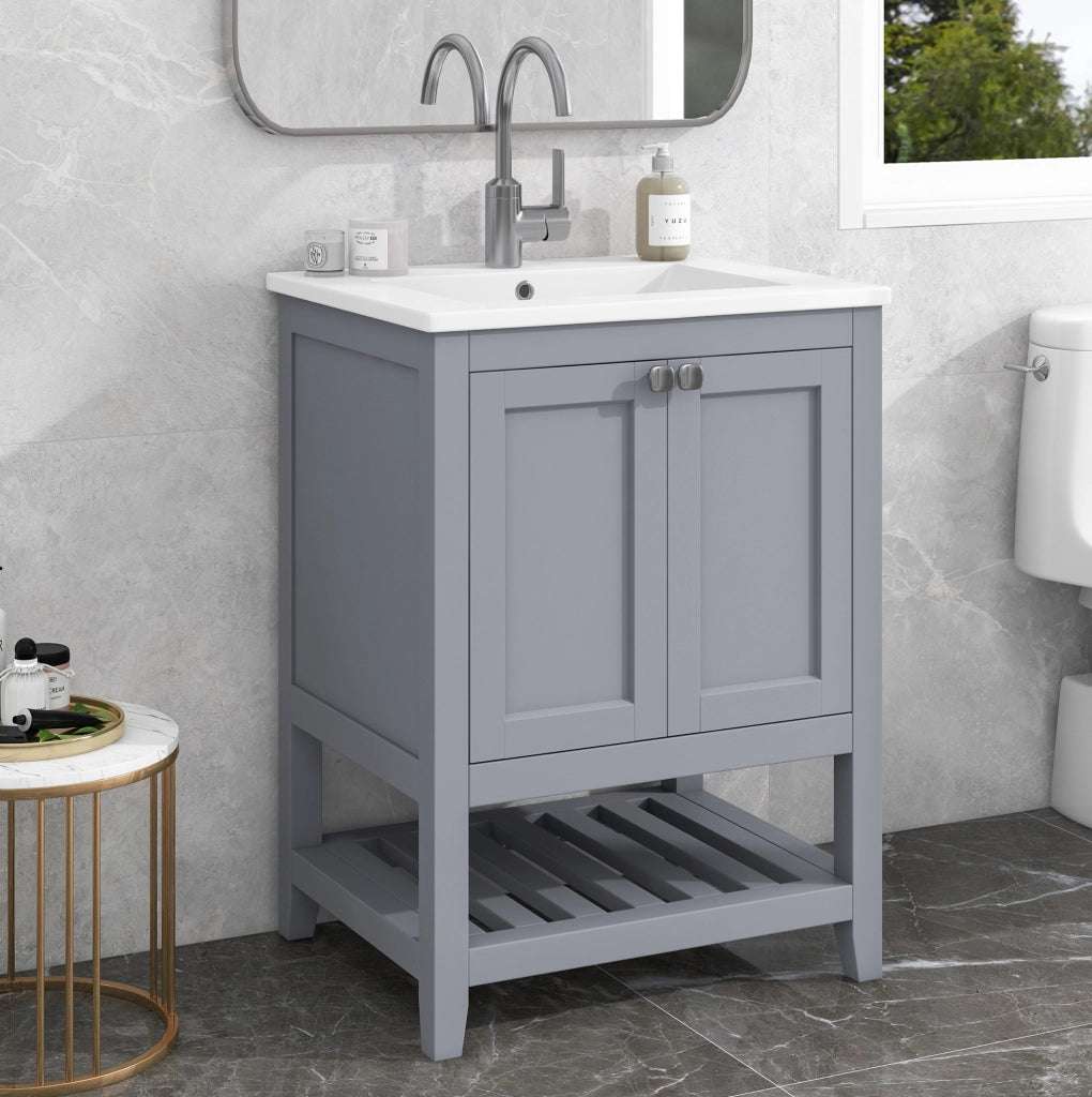 Mobile bagno ULEVR con lavabo in ceramica e base a pavimento, grigio chiaro e bianco