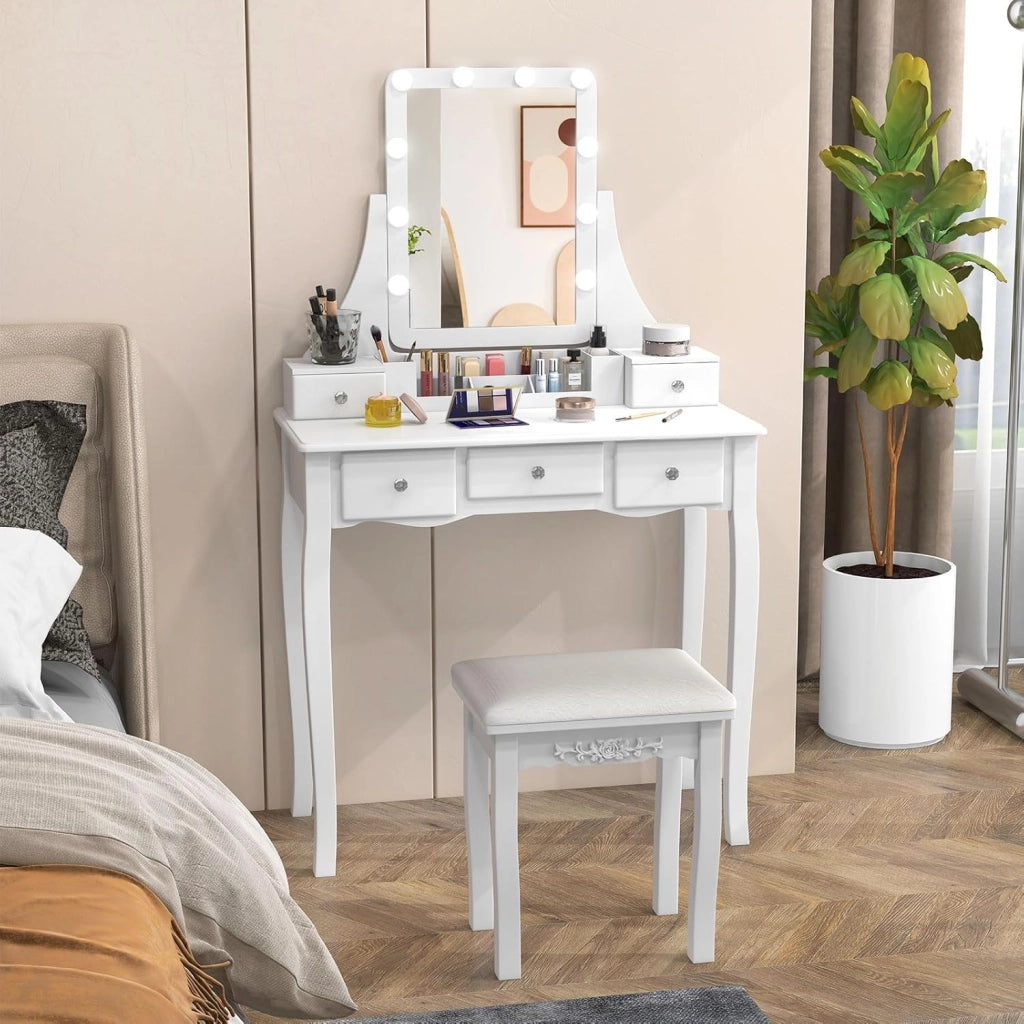 Tavolo da toeletta con specchio a LED e sgabello, specchio e luci a 3 colori, luminosità regolabile, gambe in legno massello, 5 cassetti di stoccaggio