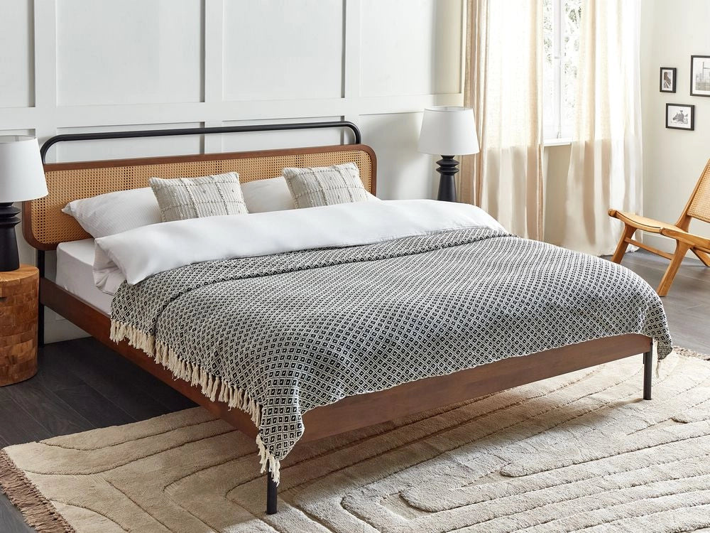 Plaid di cotone fatto a mano con motivo geometrico e nappe bianco e nero 200 x 220 cm copriletto soggiorno camera da letto divano