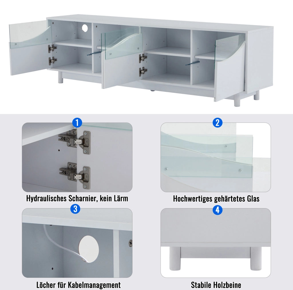 Mobile TV curvo 175x38x51 cm in MDF bianco lucido con LED e vetro temperato