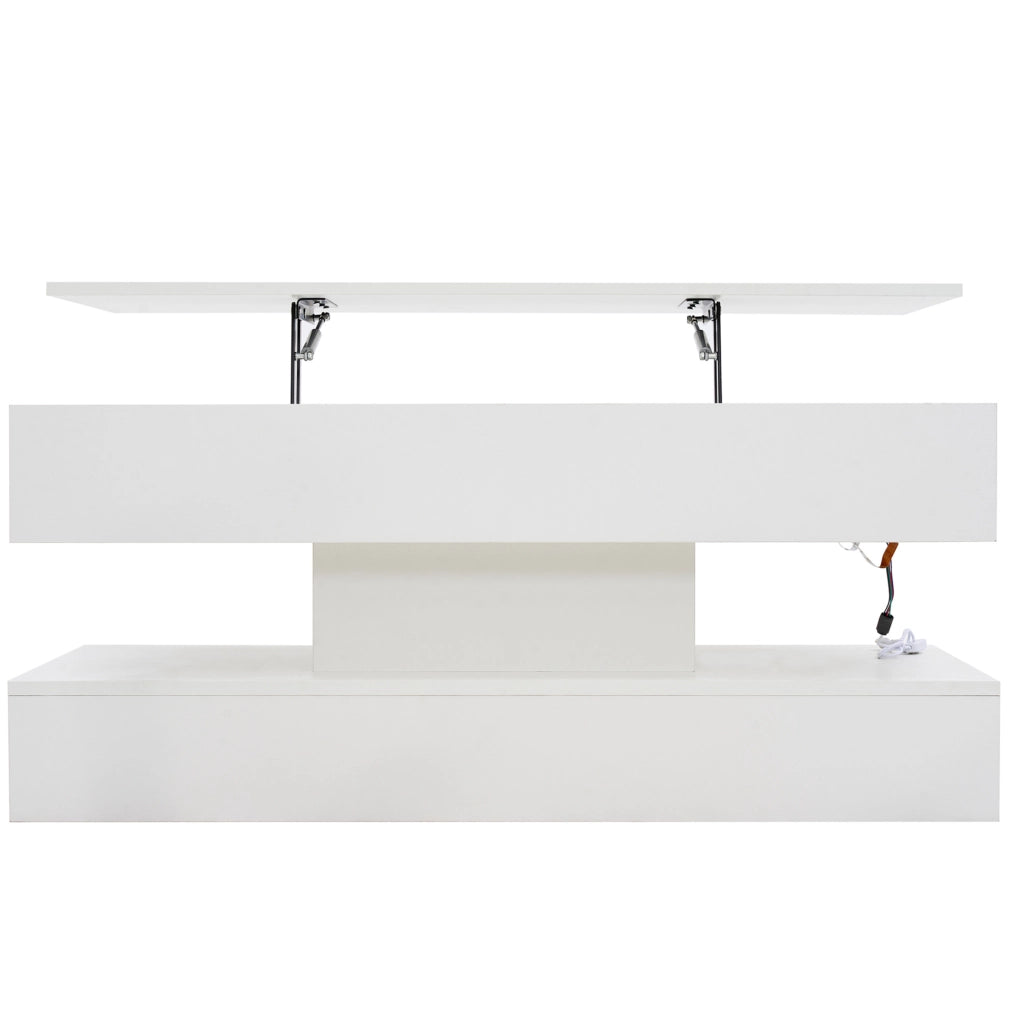 Tavolino da caffè 100x50x42 cm con piano sollevabile; LED e vano nascosto in truciolato bianco