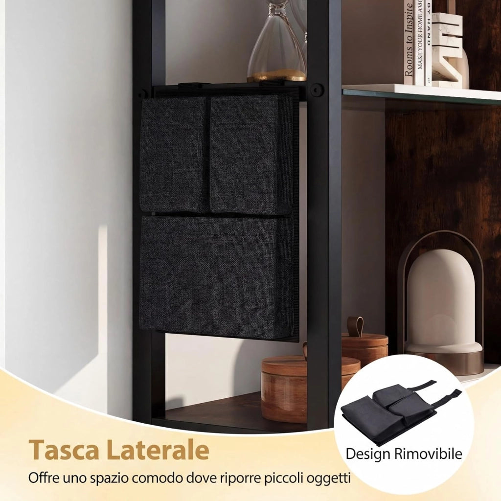 Mensola da Parete 107 cm, Scaffale a 6 Livelli con 8 Ganci a S e Tasca Laterale Rimovibile, Espositori per Bar Cucina Salotto Bagno