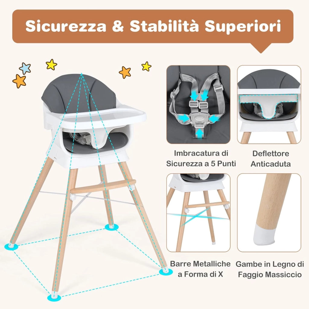 Seggiolone Pappa per Neonati, Vassoio Regolabile | Seggiolone Evolutivo Convertibile con Cuscino Rimovibile, Cintura di Sicurezza a 5 Punti, in Legno con per Bambini 6-36 Mesi