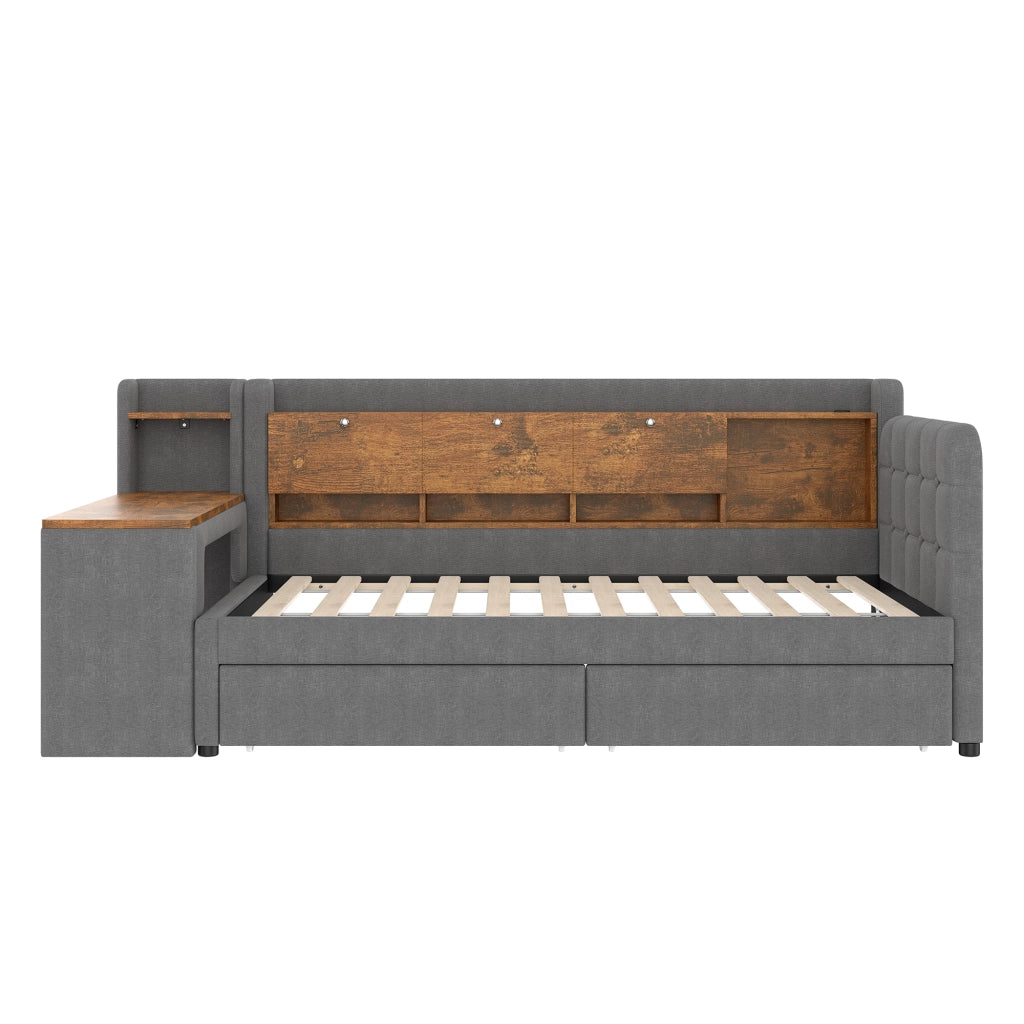 Letto singolo 90×200 cm con 2 cassetti; scrivania; USB e type-c; vano ribaltabile; senza materasso; lino; grigio