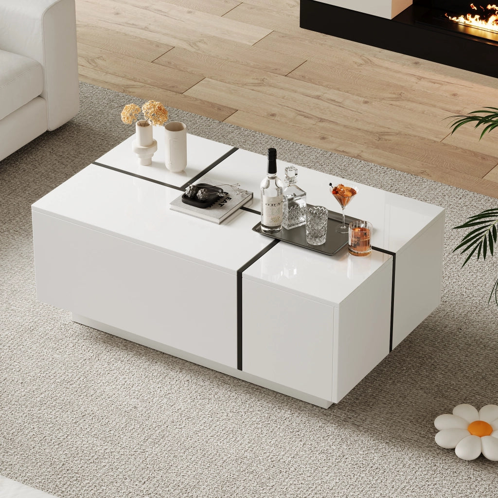 Tavolino da Salotto Quadrato con 4 Cassetti e Piano Scorrevole; Bianco Lucido; Stile Moderno; in Pannelli di Particelle; 100×60×40 cm; Bianco