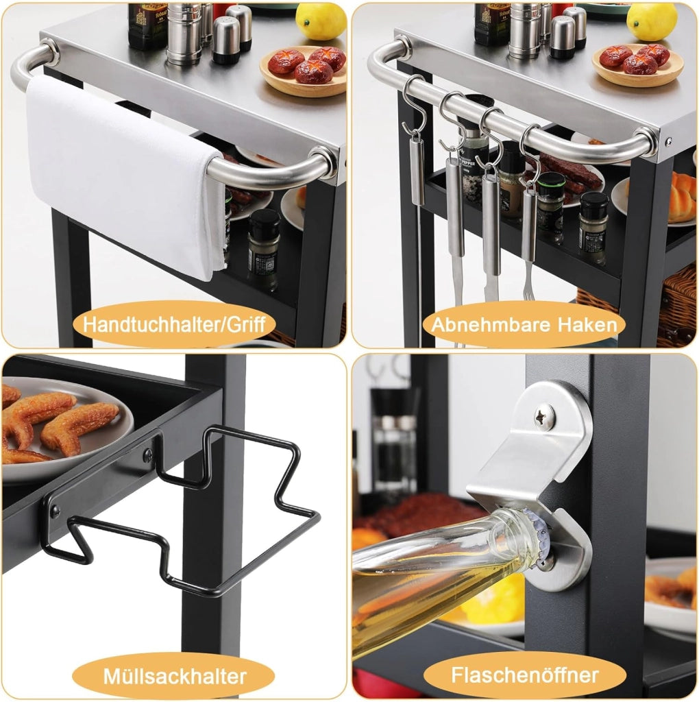 Acciaio Inox Carrello Barbecue 3 Ripiani, Tavolo BBQ con 2 Ruote Ganci,Carrello Cucina Esterna con Maniglia,Carrello di Servizio Cucina Esterni da Multiuso,per Casa Cortile Patio e Giardino